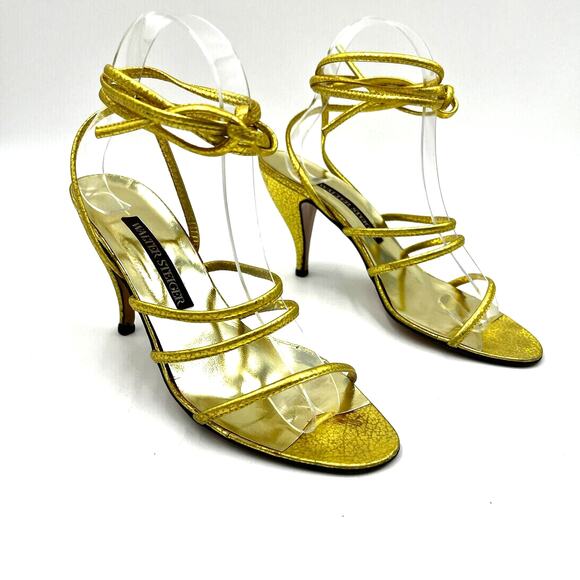 Walter Steiger Vintage Gold Metallic Heels Spaghetti Strap Wrap Ties - Picture 1 of 10
